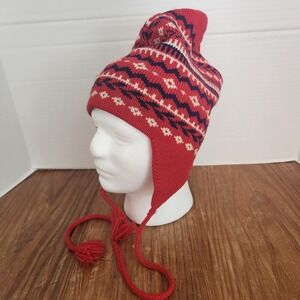 Vtg Marceau Wool Fair Isle Knit Ski Snow Hat Beanie Red‎ Blue Ivory Tassles USA